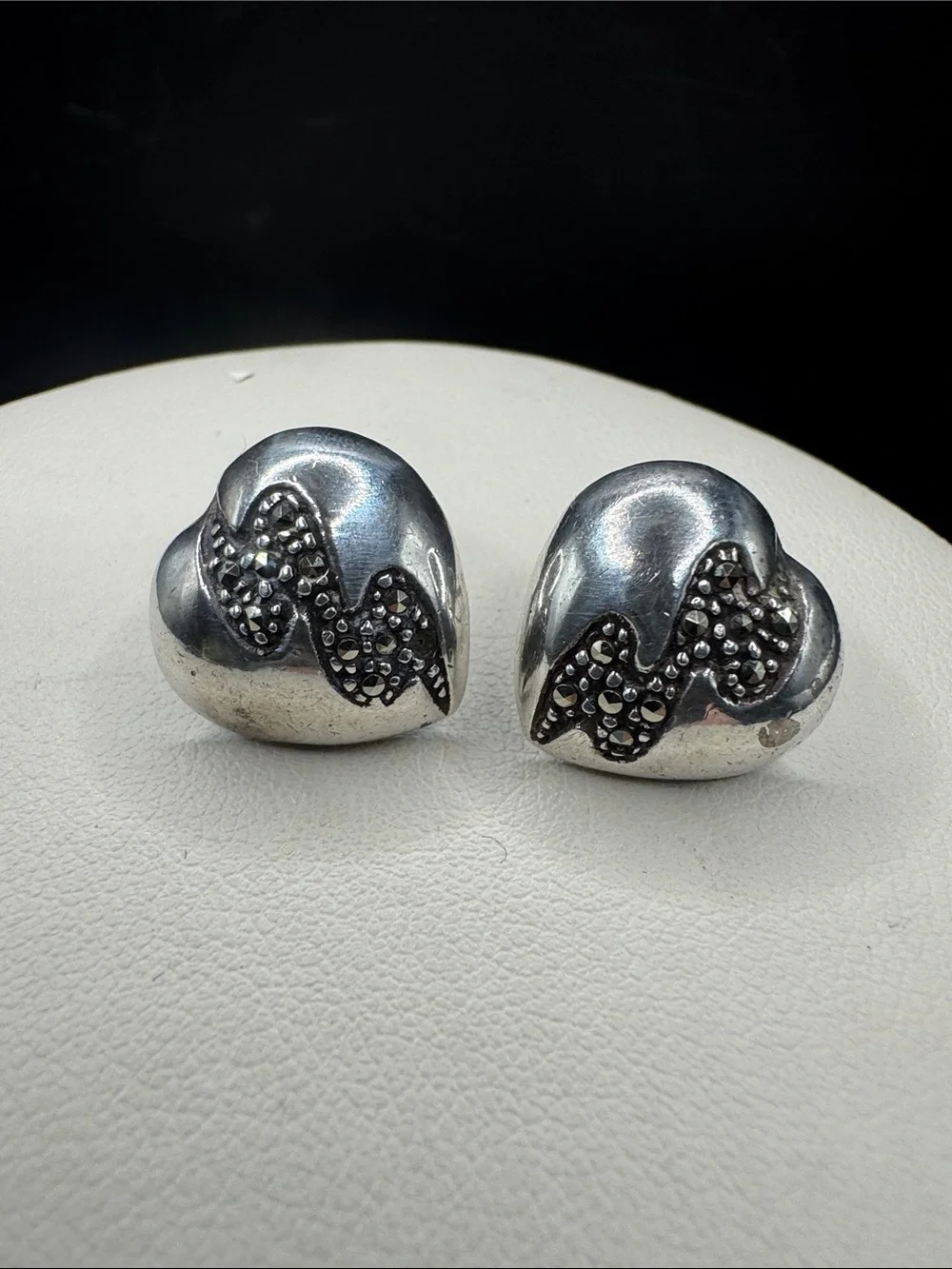 Silver Heart Stud Earrings with Black Accent Detailing